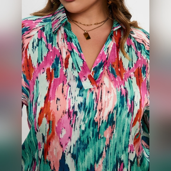 Taylor Curvy Printed Canvas Blouse - Teal - Picture 3 of 6